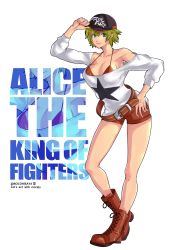 Rule 34 | 1girl, alice garnet nakata, artist name, bare shoulders, belt, blonde hair, breasts, character name, fatal fury cap, green eyes, highres, legs, looking at viewer, loose belt, oversized clothes, red shorts, rocohisaya, short shorts, shorts, signature, smile, snk, solo, standing, the king of fighters, the king of fighters xiv, twitter username