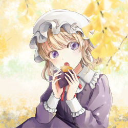 Rule 34 | 1girl, :o, blonde hair, blurry, blurry foreground, branch, collar, commentary request, day, depth of field, dress, eating, elbow on knee, food, frilled collar, frills, ginkgo leaf, hat, head tilt, highres, holding, holding food, leaf, long sleeves, looking at viewer, maribel hearn, mob cap, open mouth, outdoors, poteimo (poteimo622), purple dress, purple eyes, red neckwear, red ribbon, ribbon, short hair, sitting, sleeve cuffs, solo, sweet potato, touhou, white hair