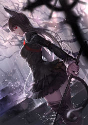 Rule 34 | 1girl, animal ears, armor, ask (askzy), backlighting, black hair, black theme, blurry, breasts, cat ears, cat tail, depth of field, dress, dutch angle, holding, long hair, long sleeves, looking at viewer, medium breasts, pixiv fantasia, pixiv fantasia fallen kings, rain, red eyes, solo, sword, tail, thighhighs, water, weapon