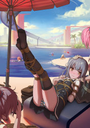 Rule 34 | 10s, 6+girls, aoba (kancolle), arms behind back, asymmetrical legwear, bdsm, beach umbrella, black dress, black legwear, blonde hair, blue hair, blush, bondage, bound, bound arms, bound legs, box tie, breasts, brown eyes, buttons, camera, chair, cloud, crotch rope, day, dress, embarrassed, eyebrows, feet, femdom, frown, gloves, grey hair, hand on another&#039;s head, highres, himitsu (hi mi tsu 2), holding, holding camera, humiliation, i-168 (kancolle), i-19 (kancolle), i-58 (kancolle), i-8 (kancolle), kantai collection, kasumi (kancolle), legs together, legs up, long hair, long sleeves, looking at viewer, lounge chair, lying, multiple girls, no shoes, on back, out of frame, outdoors, palm tree, panties, pantyshot, partially submerged, pinafore dress, pink hair, pool, poolside, public indecency, red hair, remodel (kantai collection), restrained, ro-500 (kancolle), rope, shibari, shibari over clothes, shiranui (kancolle), short hair, side ponytail, single thighhigh, sky, skyline, sleeveless, sleeveless dress, slide, small breasts, solo focus, striped clothes, striped panties, swimming, taking picture, thighhighs, thighs, tree, umbrella, underwear, uneven legwear, water, water slide, wavy mouth, white gloves
