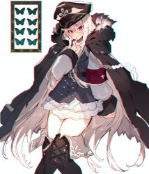 Rule 34 | 1girl, absurdres, armband, belt, black belt, black footwear, boots, bug, butterfly, closed mouth, cross, finger to mouth, fur trim, girls&#039; frontline, hat, highres, insect, iron cross, jacket, jacket on shoulders, kar98k (girls&#039; frontline), long hair, looking at viewer, military hat, nazi, picture frame, red armband, red eyes, sidelocks, simple background, sitting, solo, soukou makura, thigh boots, very long hair, white background, white hair