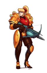 Rule 34 | 1girl, adapted costume, alternate universe, alternate weapon, armor, blaz b. aros, blonde hair, blue eyes, boots, bow (weapon), breastplate, brown footwear, brown gloves, codpiece, commentary, crossbow, english commentary, fantasy, faulds, gloves, hair ribbon, high heel boots, high heels, highres, holding, holding bow (weapon), holding weapon, knee pads, long hair, metroid, nintendo, no headwear, no headwear, pauldrons, ponytail, ribbon, samus aran, shoulder armor, sidelocks, single knee pad, solo, standing, thigh boots, thighhighs, varia suit, weapon, white background
