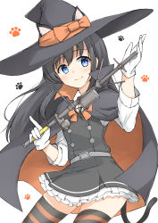 Rule 34 | 1girl, animal ears, asashio (kancolle), belt, black hair, blue eyes, buttons, cape, cat ears, cat tail, dress, fake animal ears, gloves, halloween, hat, highres, kantai collection, long hair, long sleeves, looking at viewer, neck ribbon, official alternate costume, paw print, paw print background, pinafore dress, pleated skirt, red ribbon, ribbon, sakikumo (sakumo), shirt, skirt, sleeveless, sleeveless dress, smile, solo, staff, striped clothes, striped thighhighs, tail, thighhighs, white background, white gloves, white shirt, witch hat