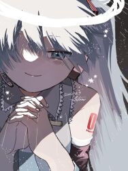 Rule 34 | 1girl, arm tattoo, black sleeves, blue eyes, blue hair, blue necktie, blush, dated, detached sleeves, fukomo, grey shirt, hair ornament, half-closed eyes, halo, hatsune miku, headphones, interlocked fingers, long hair, necktie, own hands clasped, own hands together, portrait, shirt, signature, sleeveless, smile, solo, star (symbol), tattoo, twintails, vocaloid