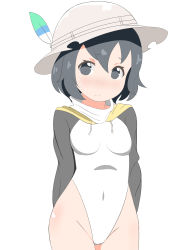Rule 34 | 10s, absurdres, alternate costume, bad id, bad pixiv id, blush, bucket hat, commentary request, embarrassed, feathers, hat, highleg, highleg leotard, highres, kaban (kemono friends), kemono friends, leotard, long sleeves, short hair, solo, sweatdrop, tamanokosi