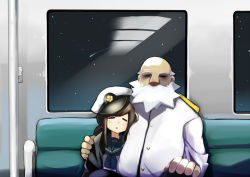 Rule 34 | 10s, 1boy, 1girl, admiral (kancolle), age difference, arm around waist, bald, beard, bench, blush, brown hair, character request, copyright request, closed eyes, facial hair, fubuki (kancolle), hand on another&#039;s shoulder, hand on own knee, handrail, hat, kantai collection, kion-kun, long hair, night, old, old man, peaked cap, ponytail, school uniform, serafuku, shooting star, sitting, sky, sleeping, star (sky), starry sky, triangle mouth, uniform, vehicle interior, window