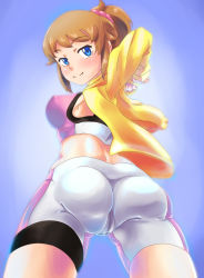 Rule 34 | 10s, 1girl, ass, bike shorts, blue eyes, blush, breasts, brown hair, cameltoe, from behind, from below, gundam, gundam build fighters, gundam build fighters try, highres, hoshino fumina, jacket, long hair, looking at viewer, looking back, mashitono desu, ponytail, scrunchie, sideboob, smile, solo, tank top, thigh strap