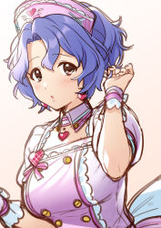 Rule 34 | 1girl, absurdres, antenna hair, blue hair, blue wrist cuffs, blush, breasts, brown eyes, collar, collarbone, detached collar, dot nose, dress, hand up, hat, heart, heart necklace, highres, idolmaster, idolmaster million live!, idolmaster million live! theater days, jewelry, large breasts, light brown background, looking at viewer, mikapoe, necklace, nurse, nurse cap, parted lips, pink dress, puffy short sleeves, puffy sleeves, purple collar, short hair, short sleeves, simple background, solo, toyokawa fuka, upper body, wavy hair, wrist cuffs
