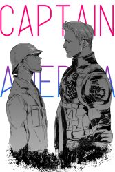 Rule 34 | 2boys, absurdres, artist name, avengers: endgame, avengers (series), belt, blue eyes, bodysuit, buttons, captain america, captain america: the first avenger, captain america (series), character name, closed mouth, collared jacket, commentary, dual persona, english commentary, greyscale, helmet, highres, holding, holding shield, jacket, long sleeves, looking at another, male focus, marvel, marvel cinematic universe, military uniform, monochrome, multiple boys, pocket, shield, short hair, simple background, smile, standing, star (symbol), steve rogers, striped, superhero costume, toy (toy084), uniform