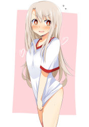 Rule 34 | 1girl, bare legs, blush, breasts, chata maru (irori sabou), commentary request, covering privates, covering crotch, embarrassed, fate/stay night, fate (series), flying sweatdrops, gym uniform, heart, highres, illyasviel von einzbern, long hair, looking at viewer, open mouth, pink background, red eyes, shirt, shirt tug, short sleeves, small breasts, solo, standing, sweat, tearing up, white background, white shirt