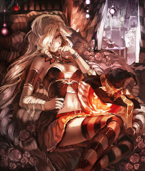 Rule 34 | 1girl, bare shoulders, belt, breasts, detached sleeves, flower, glowing, hair over one eye, hat, highres, jack-o&#039;-lantern, long hair, looking at viewer, navel, original, r04315, red eyes, red flower, red rose, rose, sepia, silver hair, sitting, skirt, smile, solo, star (symbol), striped clothes, striped thighhighs, thighhighs, witch hat