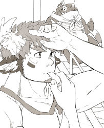 Rule 34 | 2boys, animal ears, character request, cow ears, facial hair, forked eyebrows, goatee, greyscale, hand up, hijirino yuuta, lifeguard, looking to the side, male focus, monochrome, multiple boys, muscular, muscular male, pectorals, scar on chin, scar on face, shark boy, short hair, sideburns, thick eyebrows, tokyo houkago summoners, upper body, wakan tanka, whistle