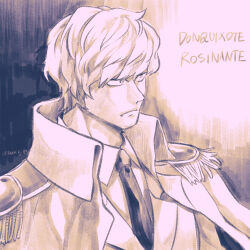 Rule 34 | 1boy, amane (yukiango69), character name, closed mouth, coat, coat on shoulders, collared shirt, donquixote rocinante, faux traditional media, frown, highres, jacket, looking to the side, male focus, monochrome, necktie, one piece, shirt, short hair, shoulder pads, solo, upper body