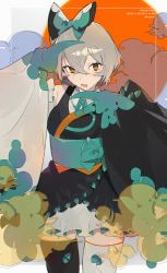 Rule 34 | arcaea, ayu (arcaea), black kimono, black sleeves, black thighhighs, blue bow, bow, character name, check commentary, claws, cloud, collared dress, commentary request, company name, copyright name, detached sleeves, dress, drooling, fang, frilled kimono, frilled sleeves, frills, gluteal fold, grey hair, hair between eyes, hair bow, highres, japanese clothes, kimono, kimono skirt, obi, sash, short hair, solo, sowichi, thighhighs, white sleeves, white thighhighs, yellow eyes, zettai ryouiki