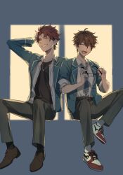 Rule 34 | 2boys, arm up, belt, black-framed eyewear, black shirt, blazer, blue necktie, brown belt, brown footwear, brown hair, buttons, closed eyes, collared shirt, commentary, dress shirt, ensemble stars!, full body, hand on own head, highres, holding, holding removed eyewear, jacket, jewelry, kiryu kuro, lapels, male focus, mango (naihowda), morisawa chiaki, multiple boys, necklace, necktie, notched lapels, open clothes, open jacket, open mouth, pants, red hair, ring, ring necklace, school uniform, shirt, shoelaces, short hair, sitting, sleeves rolled up, smile, symbol-only commentary, teeth, unworn eyewear, white shirt, yumenosaki school uniform
