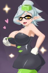 Rule 34 | 1girl, alternate breast size, areola slip, bad id, bad pixiv id, bare shoulders, bike shorts, black dress, blush, breasts, chibotsu tawa, cleavage, cleavage reach, detached collar, dress, earrings, fangs, female focus, flashing, gloves, gradient background, green pantyhose, hand on own hip, hat, highres, huge breasts, inkling, inkling player character, jewelry, large breasts, marie (splatoon), mini hat, mole, mole under eye, nintendo, nipple slip, nipples, open mouth, pantyhose, pointy ears, short hair, shorts, shorts under dress, shorts under skirt, solo, splatoon (series), splatoon 1, star-shaped pupils, star (symbol), strapless, strapless dress, symbol-shaped pupils, tentacle hair, white gloves, white hair, yellow eyes