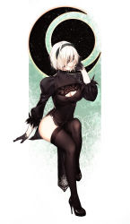 Rule 34 | 1girl, absurdres, ass, black dress, black thighhighs, breasts, cleavage, dress, eyepatch, feather trim, full body, hairband, hand up, high heels, highres, koi han, lips, long sleeves, looking at viewer, mole, mole under mouth, nier:automata, nier (series), pale skin, puffy sleeves, pumps, shoes, short hair, side slit, simple background, sitting, smile, solo, stiletto heels, thighhighs, white hair, 2b (nier:automata)