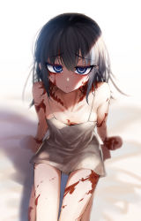 Rule 34 | 1girl, bare shoulders, black hair, blue eyes, breasts, burn scar, cluseller, collarbone, commentary request, dorei to no seikatsu ~teaching feeling~, dress, eyes visible through hair, from above, grey dress, hair between eyes, half-closed eyes, highres, long hair, looking at viewer, parted lips, scar, simple background, sitting, small breasts, solo, sylvie (dorei to no seikatsu), thigh gap, white background