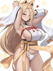 Rule 34 | 1girl, animal ears, armeria, armpits, arms up, blonde hair, blue archive, breasts, closed mouth, clothes lift, cowboy shot, detached sleeves, fox ears, fundoshi, hairband, heart, highres, huge breasts, japanese clothes, kaho (blue archive), kimono, mole, mole under mouth, pelvic curtain, short eyebrows, sideboob, skindentation, skirt, skirt lift, smile, solo, thick eyebrows, thighs, wide sleeves, yellow eyes, yellow hairband, yellow kimono
