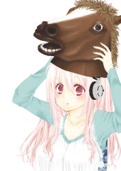 Rule 34 | 1girl, blush, breasts, headphones, highres, horse mask, large breasts, long hair, looking at viewer, mask, moco (imopmy), nail polish, nitroplus, open mouth, pink eyes, pink hair, solo, super sonico
