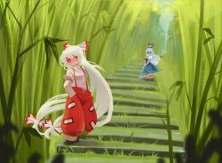 Rule 34 | 2girls, absurdly long hair, bamboo, bamboo forest, black footwear, blue dress, blue eyes, blue hair, blue headwear, bow, breasts, bright pupils, commentary, dress, eyebrows hidden by hair, footwear bow, forest, fujiwara no mokou, grass, hair between eyes, hair bow, hands in pockets, hands on lap, hat, hat ribbon, highres, kamishirasawa keine, light blue hair, long hair, looking at another, looking back, medium breasts, multiple girls, nature, no mouth, ofuda, ofuda on clothes, outdoors, pants, puffy short sleeves, puffy sleeves, red bow, red eyes, red pants, red ribbon, ribbon, shirt, short sleeves, stairs, standing, suspenders, sweet reverie, tokin hat, touhou, very long hair, white bow, white hair, white pupils, white shirt