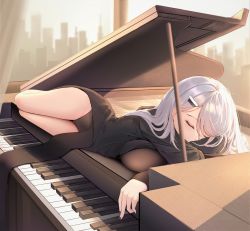 Rule 34 | 1girl, absurdres, black dress, black leotard, closed mouth, dress, grand piano, hair ornament, hairclip, highres, instrument, leotard, lying, nail polish, noir (noworld), noworld, on piano, on side, piano, qiyuan yingluo, sleeping, solo, virtual youtuber, white hair