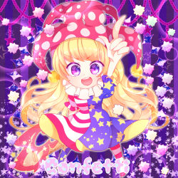 Rule 34 | &gt;:d, 1girl, :d, absurdres, american flag, american flag dress, american flag legwear, blonde hair, candy, chibi, clownpiece, english text, fairy, food, full body, halloween, hat, highres, jester cap, konpeitou, long hair, looking at viewer, neck ruff, no wings, open mouth, pantyhose, pointing, pointing up, polka dot, print pantyhose, puffy short sleeves, puffy sleeves, purple eyes, ratto (mobilis 1870), short sleeves, smile, solo, star (symbol), star print, starry background, striped clothes, striped pantyhose, teeth, torch, touhou, v-shaped eyebrows, very long hair