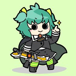 Rule 34 | &gt;:), 1girl, :&gt;, antenna hair, arm at side, ascot, assault lily, black ascot, black cape, black footwear, black skirt, blush, boots, buttons, cape, chibi, closed mouth, commentary, cropped jacket, frilled skirt, frills, full body, green background, green hair, green thighhighs, hair ribbon, hand up, high-waist skirt, highres, holding, holding weapon, index finger raised, konpeitoull (c12h22o11 tr 6), long sleeves, looking at viewer, miniskirt, multicolored thighhighs, ribbon, school uniform, shirt, short hair, simple background, skirt, smile, solid circle pupils, solo, sparkle, standing, striped clothes, striped thighhighs, thighhighs, two side up, v-shaped eyebrows, weapon, white shirt, yellow ribbon, yellow thighhighs, yoshimura thi mai, yurigaoka girls academy school uniform