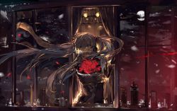Rule 34 | 1girl, bouquet, building, cloud, coat, flower, full moon, grey eyes, hatsune miku, headphones, long hair, long sleeves, moon, night, hugging object, petals, red rose, reflection, rose, saberiii, scarf, silver hair, sky, skyscraper, snow, solo, tears, twintails, very long hair, vocaloid, wind