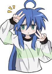 Rule 34 | 1girl, ahoge, alternate costume, arms up, blue hair, blush stickers, cropped torso, double v, emphasis lines, green eyes, hair between eyes, highres, izumi konata, long hair, looking to the side, loose clothes, lucky star, mole, mole under eye, open mouth, sidelocks, solo, sweater, triangle mouth, v, white background, yoyohachi
