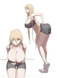 Rule 34 | 1girl, absurdres, ass, azur lane, bismarck (azur lane), black shorts, black tank top, blonde hair, blue eyes, breasts, cleavage, closed mouth, collarbone, hand on breasts, hand on own ass, highres, huge breasts, large breasts, lom (lom lom 8), long hair, looking at viewer, shoes, shorts, smile, sneakers, solo, tank top, white background, white footwear