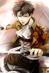 1boy ascot bad_id bad_pixiv_id belt black_eyes black_hair highres levi_(shingeki_no_kyojin) male_focus penyo1989 shingeki_no_kyojin solo sword thigh_strap three-dimensional_maneuver_gear weapon wire