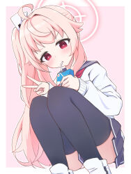 Rule 34 | 1girl, ahoge, ass, black sailor collar, black skirt, black thighhighs, blue archive, blush, cardigan, drink, drinking straw, drinking straw in mouth, halo, highres, holding, holding drink, karupa (karupapon), long hair, long sleeves, natsu (blue archive), pink hair, pink halo, pleated skirt, red eyes, sailor collar, shoes, side ponytail, skirt, solo, thighhighs, v, white cardigan, white footwear