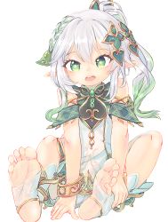 Rule 34 | bare shoulders, barefoot, chaosexceed, cross-shaped pupils, dot nose, dress, feet, genshin impact, green eyes, green hair, hair ornament, hand on foot, highres, long hair, looking at viewer, multicolored hair, nahida (genshin impact), open mouth, pointy ears, ponytail, soles, stirrup legwear, symbol-shaped pupils, toeless legwear, toes, white dress, white hair