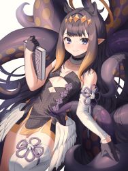 Rule 34 | 1girl, absurdres, ao-chan (ninomae ina&#039;nis), bad id, bad pixiv id, bare shoulders, black dress, black gloves, black hair, blue eyes, blush, book, commentary request, detached sleeves, dress, gloves, gradient hair, halo, harusame (user wawj5773), highres, holding, holding book, hololive, hololive english, huge filesize, long hair, looking at viewer, multicolored hair, ninomae ina&#039;nis, ninomae ina&#039;nis (1st costume), orange hair, pointy ears, single detached sleeve, single thighhigh, smile, solo, tentacle hair, tentacles, thighhighs, tiara, very long hair, virtual youtuber, white background, white sleeves, white thighhighs