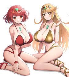 Rule 34 | 2girls, alternate costume, breasts, chest jewel, gonzarez, highres, huge breasts, multiple girls, mythra (xenoblade), pyra (xenoblade), simple background, white background, xenoblade chronicles (series), xenoblade chronicles 2