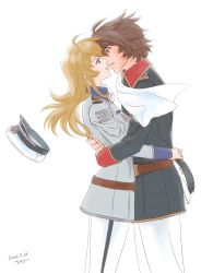 Rule 34 | 1boy, 1girl, 2022, black jacket, blonde hair, brown eyes, brown hair, chihiroo2202, couple, dated, eye contact, floating hair, from side, grey jacket, hat, hetero, holding, holding clothes, holding hat, imminent kiss, jacket, kodai susumu, long hair, long sleeves, looking at another, military, military uniform, mori yuki, pants, short hair, simple background, straight hair, uchuu senkan yamato, uchuu senkan yamato 2199, uniform, unworn hat, unworn headwear, white background, white headwear, white pants