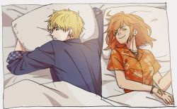 Rule 34 | 1boy, 1girl, black border, blonde hair, blouse, blue shirt, blush, border, bracelet, closed eyes, collared shirt, command spell, commentary request, fate/grand order, fate (series), floral print, from above, fujimaru ritsuka (female), fujimaru ritsuka (female) (tropical summer), gilgamesh (establishment) (fate), gilgamesh (fate), hand tattoo, hawaiian shirt, hugging object, indoors, jewelry, lying, messy hair, mi (pic52pic), necklace, official alternate costume, on back, orange hair, orange shirt, parted lips, pillow, pillow hug, print shirt, shirt, short hair, short sleeves, sleeping, smile, tattoo, tropical summer (fate), under covers