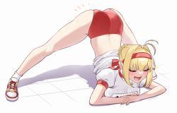 Rule 34 | 1girl, ahoge, arm rest, ass, blonde hair, blush, braid, breasts, buruma, closed eyes, fate/grand order, fate (series), flexible, french braid, gym shirt, hair bun, hair intakes, hair ribbon, hands on ground, highres, jack-o&#039; challenge, large breasts, legs, long hair, meme, nero claudius (fate), nero claudius (fate) (all), nero claudius (olympian bloomers) (fate), official alternate costume, open mouth, red buruma, red ribbon, ribbon, shirt, shoes, short sleeves, single hair bun, smile, sneakers, solo, spread legs, stretching, top-down bottom-up, white shirt, wide spread legs, yayoi maka