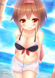 Rule 34 | 10s, 1girl, :q, bikini, bikini top only, breasts, brown eyes, brown hair, cleavage, female focus, hairband, kane-neko, kantai collection, large breasts, red hairband, shiratsuyu (kancolle), short hair, shorts, sky, solo, swimsuit, tongue, tongue out