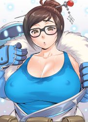 Rule 34 | 1girl, beads, blush, breasts, brown eyes, brown hair, cleavage, covered erect nipples, glasses, hair bun, hair ornament, hair stick, large breasts, mei (overwatch), overwatch, overwatch 1, short hair, single hair bun, solo, sweat, sweat stain, taka-michi, tank top, wet, wet clothes