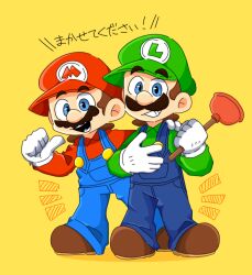 Rule 34 | 2boys, blue eyes, blue overalls, brothers, facial hair, gloves, green headwear, holding plunger, long sleeves, looking at viewer, luigi, male focus, mario, mario (series), multiple boys, mustache, nintendo, overalls, plunger, red headwear, siblings, standing, the super mario bros. movie, translation request, white gloves, yellow background, yugu7837