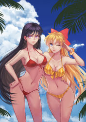 Rule 34 | 2girls, :p, aino minako, bikini, bishoujo senshi sailor moon, black hair, blonde hair, blue eyes, bow, bracelet, breast press, breasts, cleavage, cloud, collarbone, contrapposto, day, douyougen, earrings, hair bow, hand on another&#039;s hip, hand on own hip, highres, hino rei, hug, jewelry, large breasts, long hair, multiple girls, navel, one eye closed, palm tree, purple eyes, red bikini, red bow, salute, side-tie bikini bottom, sky, smile, standing, striped bikini, striped clothes, swimsuit, thigh gap, tongue, tongue out, tree, very long hair, wide hips, wink, yellow bikini