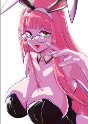 1girl animal_ears black_leotard blonde_hair blunt_bangs breasts bunny_day covered_navel detached_collar doi_monica fake_animal_ears glasses hair_between_eyes highleg highleg_leotard katou_asuka large_breasts leotard long_hair open_mouth pantyhose playboy_bunny rabbit_ears sketch smile solo strapless strapless_leotard watashi_ga_motenai_no_wa_dou_kangaetemo_omaera_ga_warui!