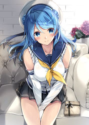 Rule 34 | 1girl, bad id, bad pixiv id, bare arms, bare shoulders, beret, between legs, blue eyes, blue hair, blush, breasts, brick wall, closed mouth, collarbone, couch, double bun, elbow gloves, flower, from above, gift, gloves, grey skirt, hair bun, hand between legs, hat, highres, kantai collection, kobayashi chisato, large breasts, long hair, looking at viewer, looking up, miniskirt, on couch, pleated skirt, sailor collar, sailor hat, school uniform, serafuku, sitting, skirt, smile, solo, striped clothes, striped skirt, swept bangs, thighs, urakaze (kancolle), white gloves, white hat