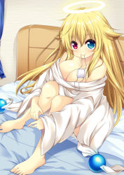 Rule 34 | 1girl, bare legs, barefoot, blue eyes, breasts, cleavage, eyepatch, unworn eyepatch, halo, heterochromia, large breasts, long hair, mouth hold, on bed, original, red eyes, sendou hachi, sitting, smile, solo