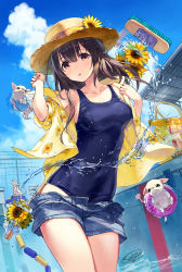 Rule 34 | 1girl, :o, animal, armpits, bag, bare shoulders, blue one-piece swimsuit, blue sky, breasts, brown eyes, brown hair, bubble tea, chihuahua, cloud, collarbone, commentary request, covered navel, cowboy shot, cup, dated, day, denim, denim shorts, disposable cup, dog, floral print, flower, hand up, hat, hat flower, highres, innertube, long hair, looking at viewer, medium breasts, mop, off shoulder, one-piece swimsuit, open clothes, open fly, open shirt, original, outdoors, parted lips, sanbasou, school swimsuit, shirt, short shorts, shorts, sidelocks, signature, sky, solo, standing, straw hat, sunflower, swim ring, swimsuit, swimsuit under clothes, thighs, water, yellow flower, yellow shirt