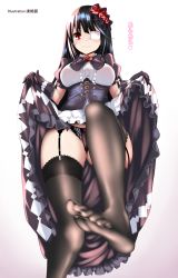 Rule 34 | 1girl, absurdres, ara ara, ass, black hair, black panties, breasts, clothes lift, commentary, date a live, dress, dress lift, english commentary, eyepatch, feet, flower, garter straps, gloves, hair flower, hair ornament, highres, incro300, lifting own clothes, lolita fashion, long hair, medium breasts, panties, red eyes, smile, solo, thighhighs, thighs, toes, tokisaki kurumi, translation request, underwear, upskirt, very long hair