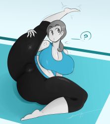Rule 34 | 1girl, ?, ass, breasts, cameltoe, cleavage, clothes, colored skin, female focus, grey eyes, grey hair, grey skin, highres, huge breasts, large breasts, leg grab, leg up, looking at viewer, mb ota, nintendo, ponytail, solo, speech bubble, wii fit, wii fit trainer, wii fit trainer (female)