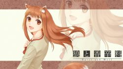 Rule 34 | 1girl, animal ears, brown hair, fang, highres, holo, long hair, open mouth, pouch, red eyes, solo, spice and wolf, tail, wallpaper, wolf ears, wolf tail, youzi (small shabao), zoom layer